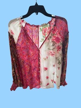 Free People Mixed Floral & Paisley Button-Front Blouse in Pink and Cream